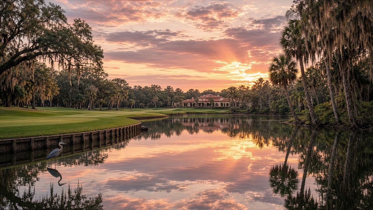 Golf course lagoon at sunset at Sawgrass Players Club, Ponte Vedra Beach