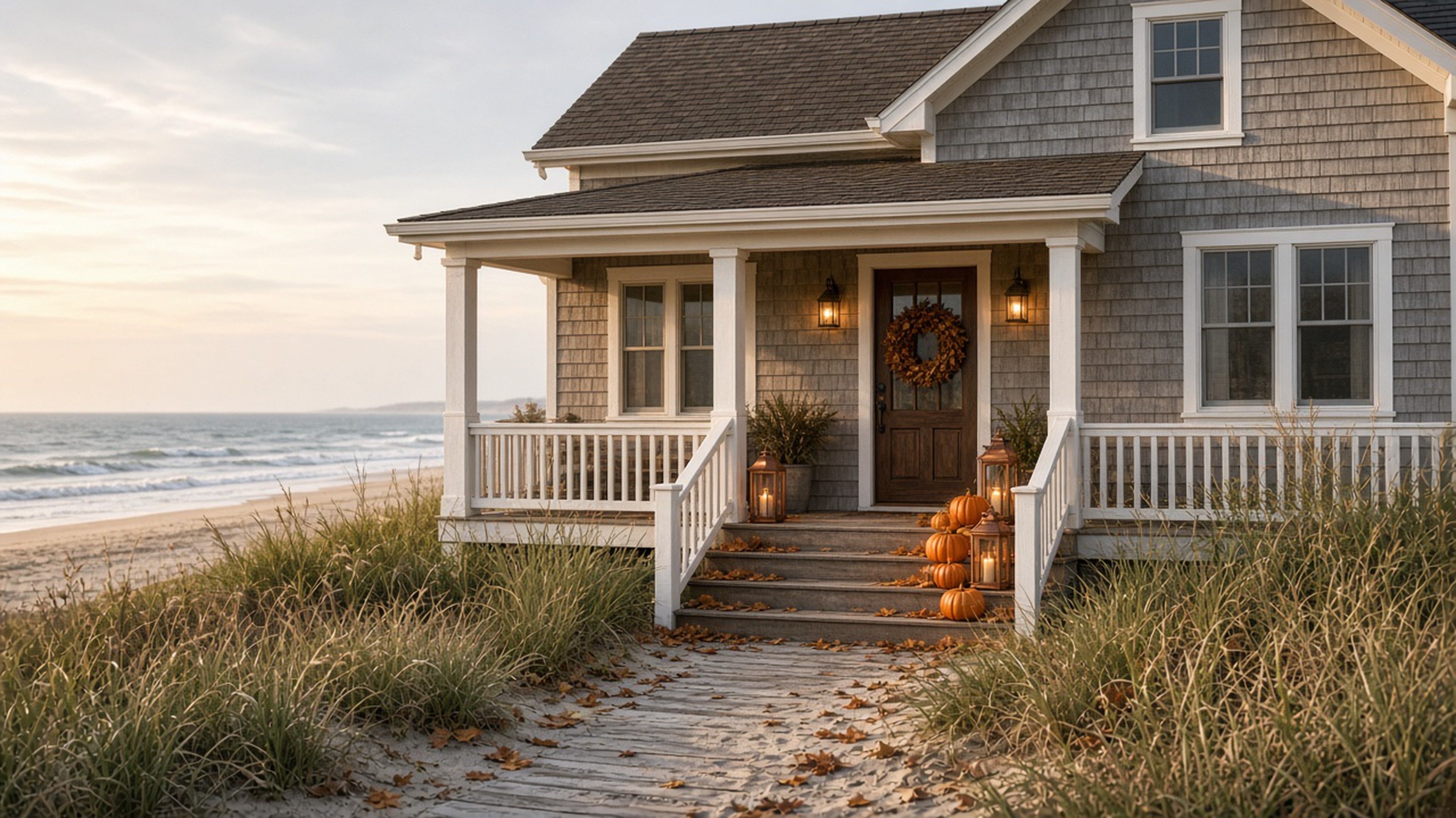 Gray-shingled coastal home at golden hour with fall pumpkins, copper lanterns, and an autumn wreath on the porch overlooking the Atlantic.
